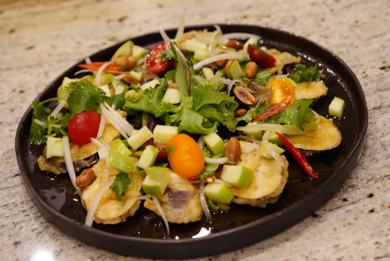 Yum Eggplant — tempura eggplant salad with green apple, cilantro, peanuts and tomatoes