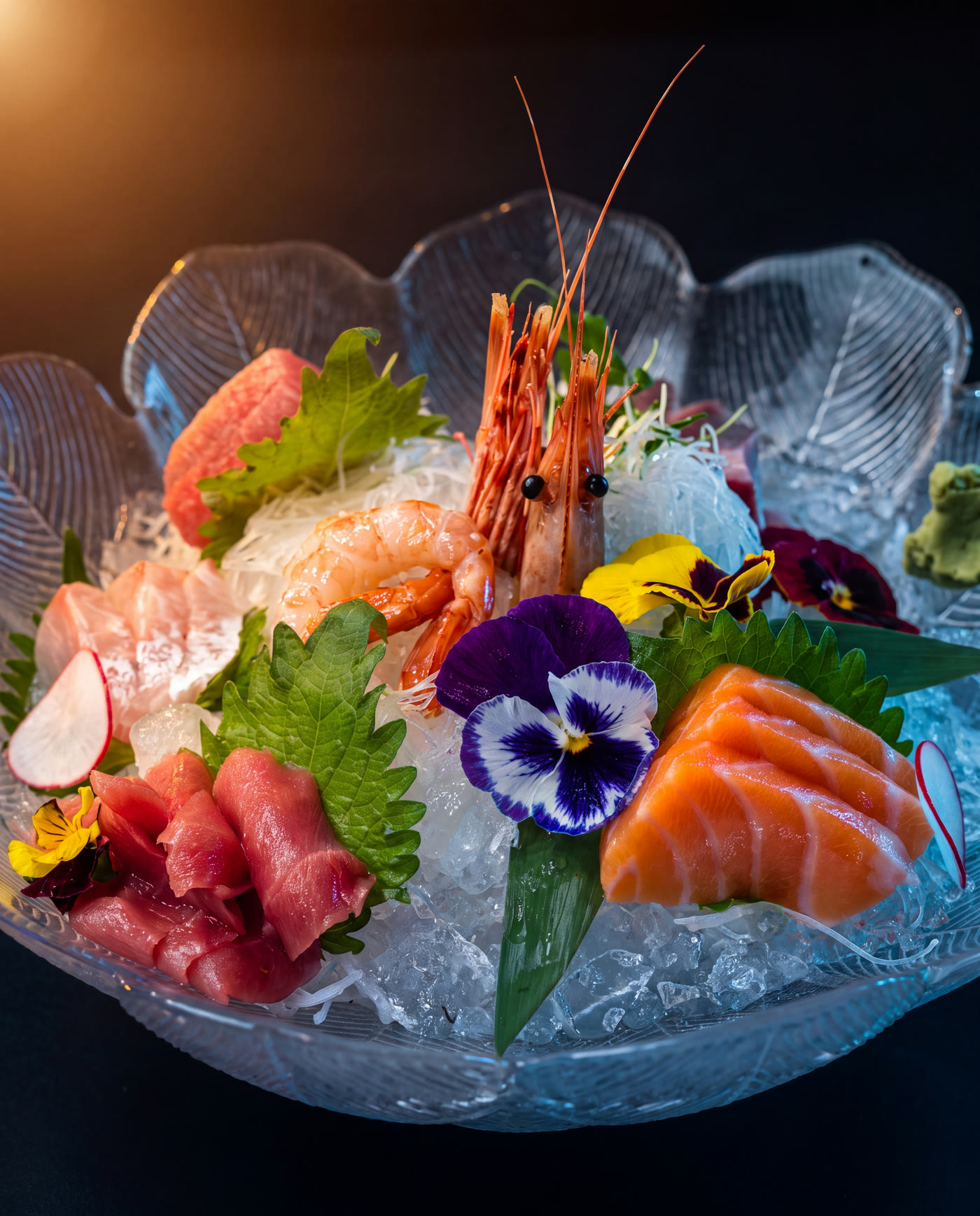 Sashimi Grand Selection — bluefin tuna, toro, salmon, white fish and a head-on sweet shrimp over crushed ice with shiso and edible pansies