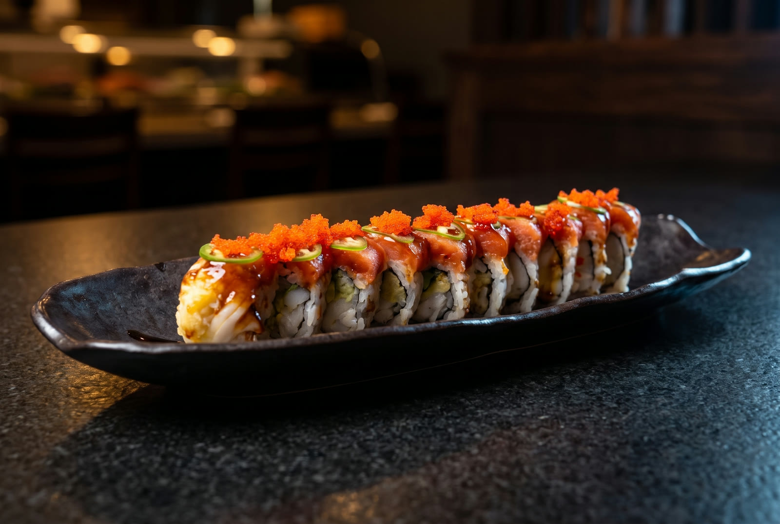 Caribbean roll — fried lobster and spicy tuna topped with Serrano peppers, sweet sauce and tobiko on a black plate